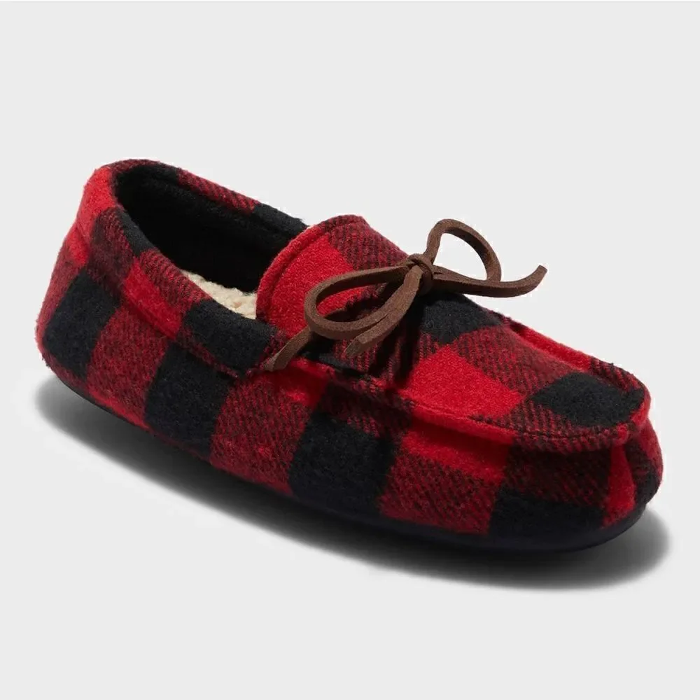 NEW! Dluxe by Dearfoams Braydon
Moccasin Kids Slippers Red Plaid - Picture 2 of 7